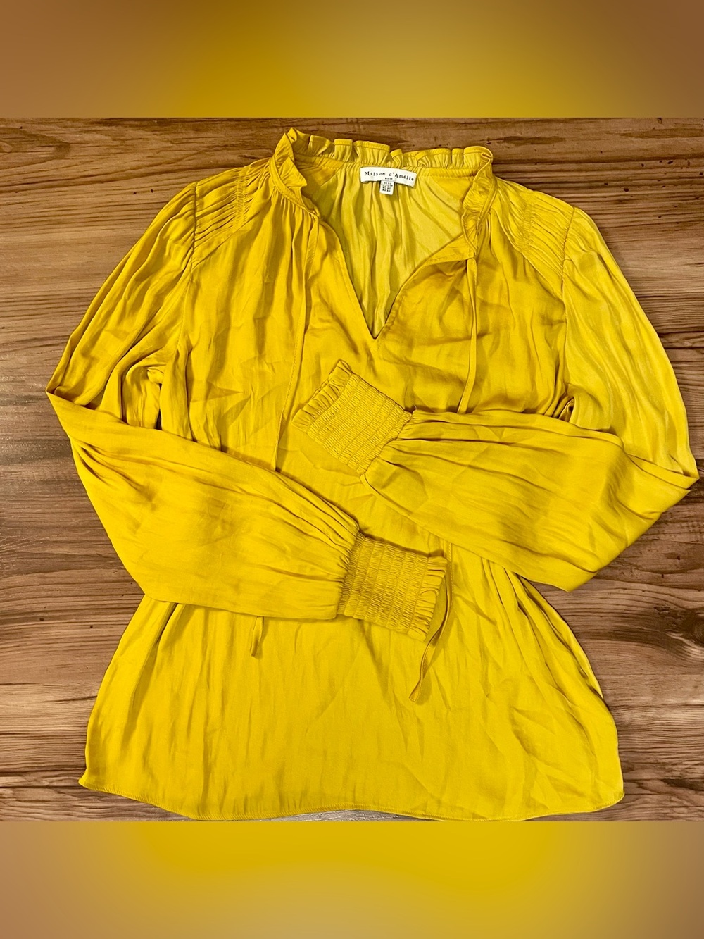 Maison D’Amelie Sz XS Top Women Medium Mustard Gold Peasant Tie Neck Blouse Boho